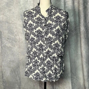 Bench Dolman Sleeve Elastic Waist Peplum Blue & White Toile Blouse - Medium